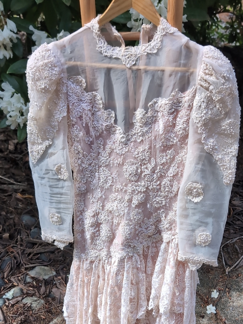 Vintage Asymmetrical Breaded Pale Pink Embroidered Lace Dress Gown